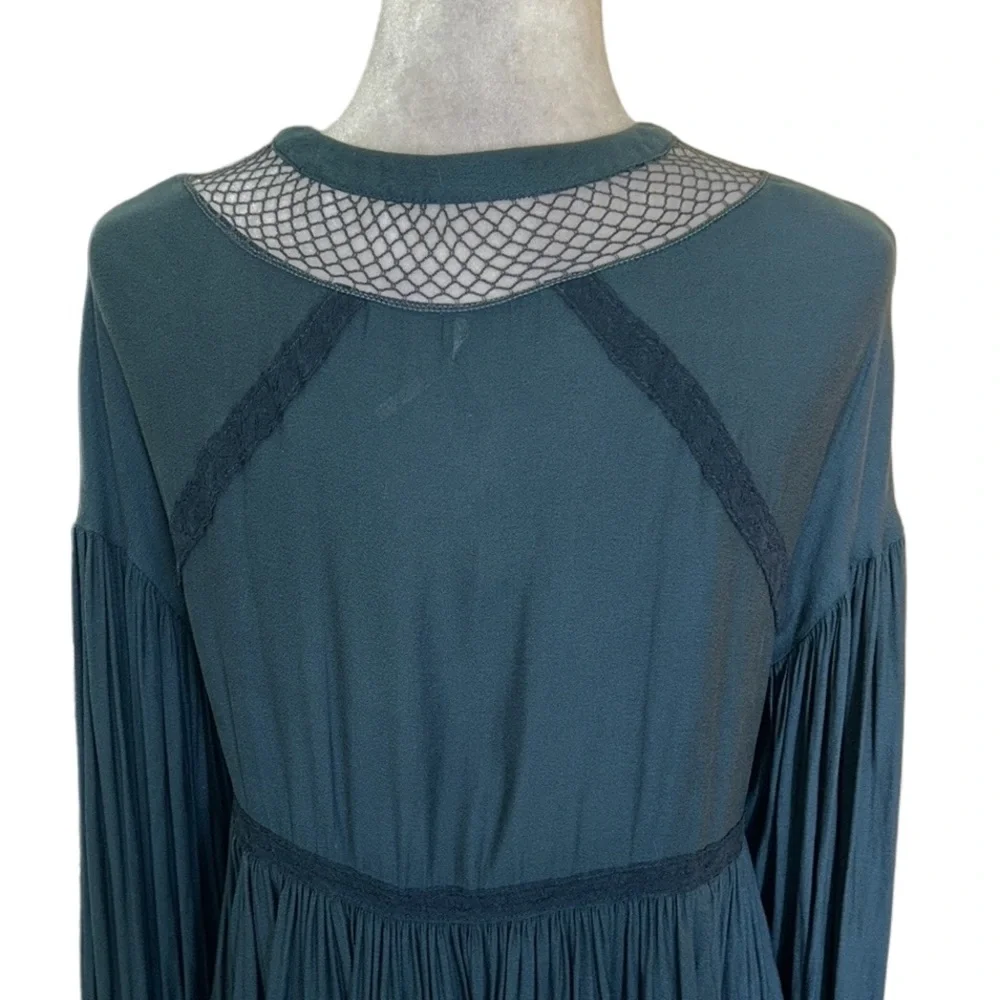 LN Free People Don’t Let It Go Teal Green Pleated Lace Up Crinkle Peasant Top XS
